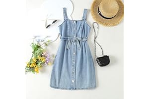 Girl's Denim Dress with Button Front & Belt | Square Neck Sleeveless Summer Casual Outfit