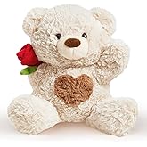Wanwu World Valentines Rose Teddy Bear Stuffed Animals Soft Plush Toy Teddy Bear with Rose for Mom Thanksgiving Day Birthday Wedding Gift for Girlfriend Kids, 10"