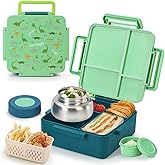 Norxely Bento Box for Kids with Thermos, [Large Capacity] Insulated Kids Lunch Box with 4 Compartment for Ages 3+, Drop-Proof & Dishwasher Safe Lunchbox Container Green