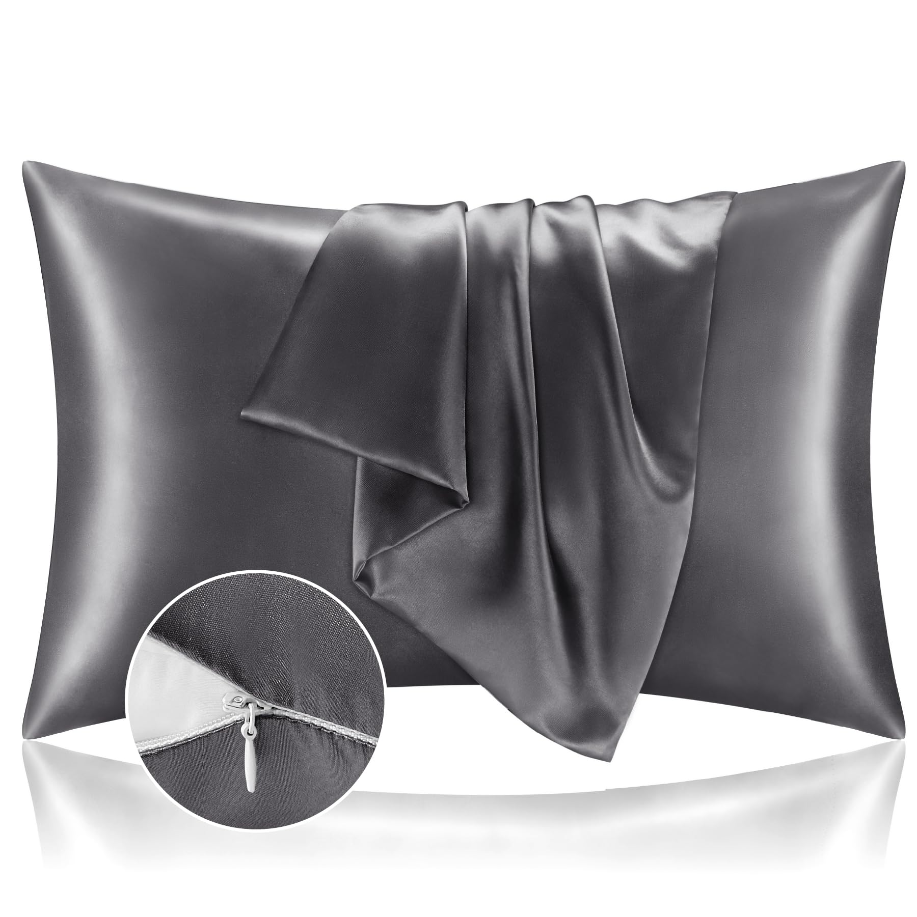 BEDELITE Satin Pillowcase with Zipper 2 Pack, Dark Grey Pillow Cases Standard Size, Super Soft and Cooling Similar to Silk Pillow Cases, Gift for Women Men(20x26 Inches)