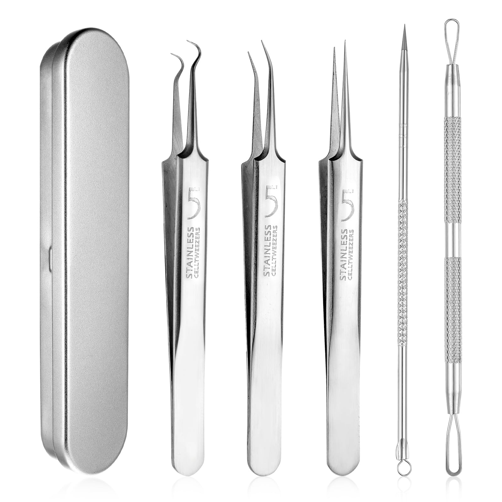 Dimeho 5 Pcs Blackhead Remover Tweezers Popper Remover Tool Kit Ingrown Hair Extractor Clip Set Skin Popping Removing Tools for Nose Eye Face Beauty Care Women Girls