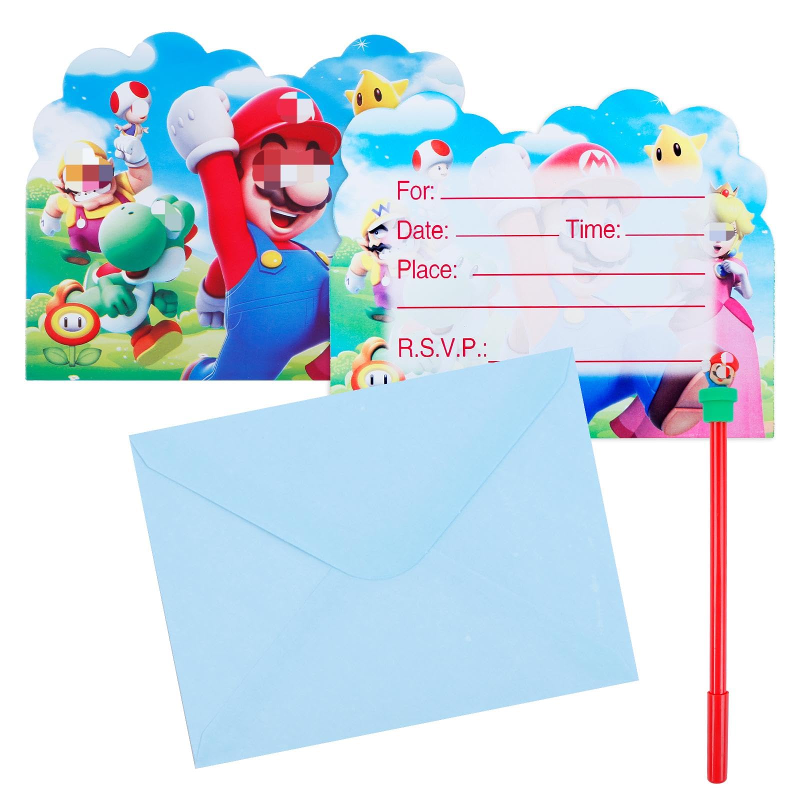 20PCS Ma-ri Party Invitations Kids+ 1Pcs Kawaii Gel Pen, Cartoon Birthday Invitations,Kids Party Invites with 20 Envelopes,Invite Cards Birthday Supplies Double Sided Invites Cards for Boys Girls — image 1