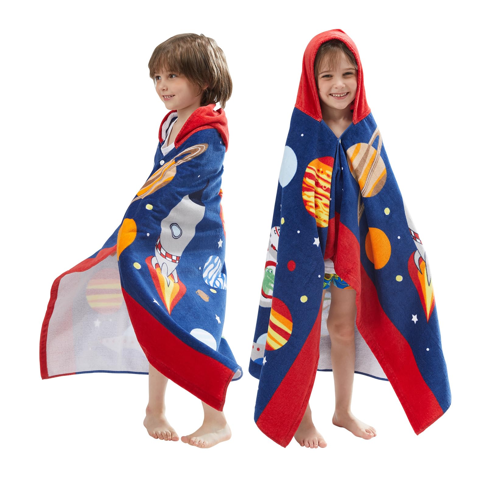 BANGSAUR Children's Hooded Bath Beach Towel, 100% Cotton 50"x30" Wrap, Kids Toddlers Girls Boys 3-12 Years Coverup(Outer Space N)