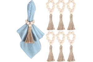 Meplait 6 Pieces Wooden Bead Napkin Rings, Farmhouse Stretchable Napkin Rings with Tassel Boho Napkin Ring for Dining Table,Wedding Decoration (Nature)