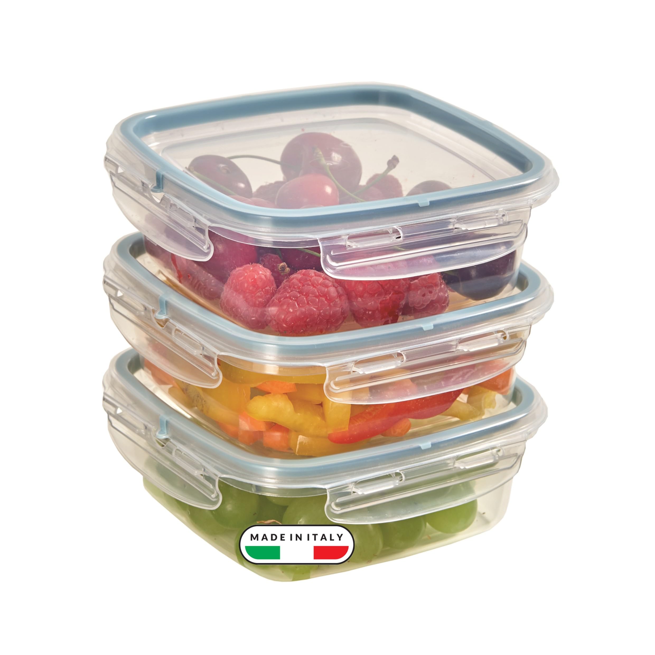 Snips SnipsLock Square Food Storage Containers 0.50 L, Set of 3 – Airtight Leakproof Fridge & Freezer Food Containers, Microwave Safe (No Lid), 4 Safety Locks, Dishwasher Safe – Made in Italy