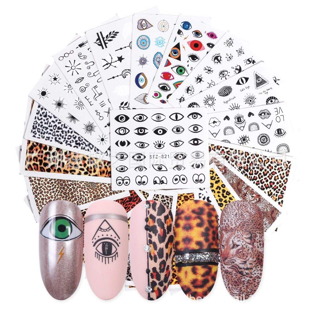 19 Sheets Nail Art Water Decals Water Transfer Sticker Leopard Eyes Cartoons Different Patterns Decals for fingernail and toenail Manicure (19sheets) 10043