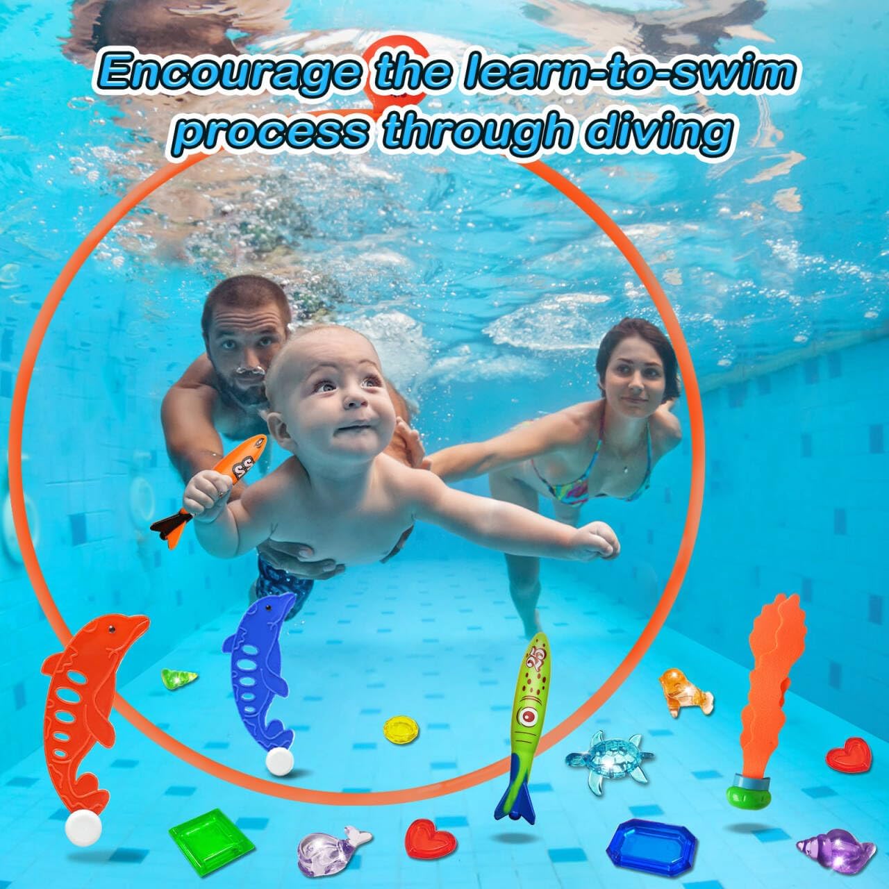 Jasonwell Pool Toys Diving Rings - 28PCS Swim Thru Rings Pool Game Diving Toys with Dive Ring Underwater Treasures Torpedo Bandits Fish Toy Fun Water Swimming Toy for Boys Girls Kids Teens Adults