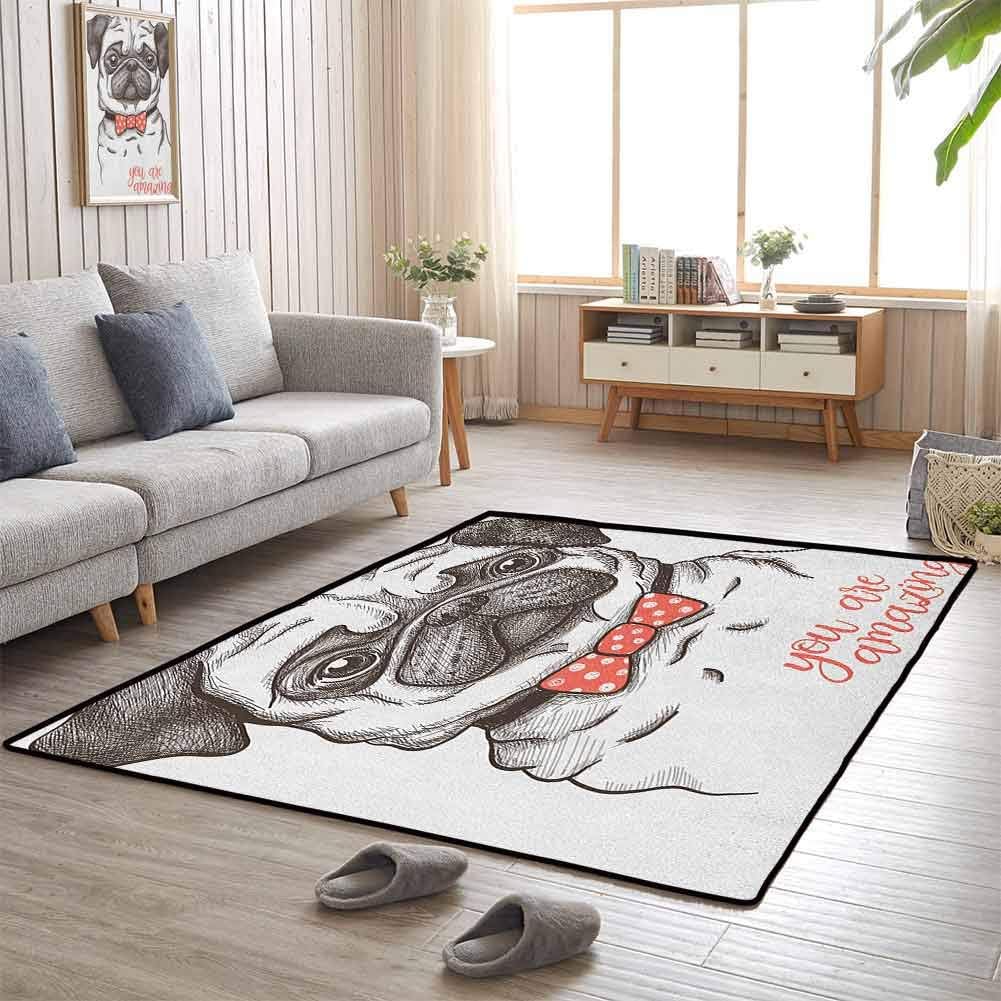 Pug Kids Playmat Portrait of Dog Cartoon Style Bow Tie on a Pug Pet Fun Comedic Image Fashionable Animal Kids Baby Toddler Outdoor or Indoor Use 4'x6' Black Red
