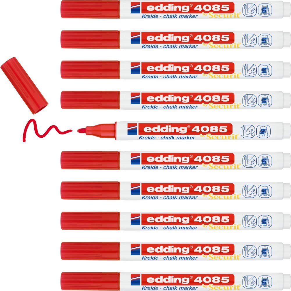 edding 4085 chalk marker - red - 10 chalk pens - round tip 1-2 mm - fine-tipped wet wipe pen for chalkboards, windows, glass, mirrors - liquid chalk marker pens for opaque coverage