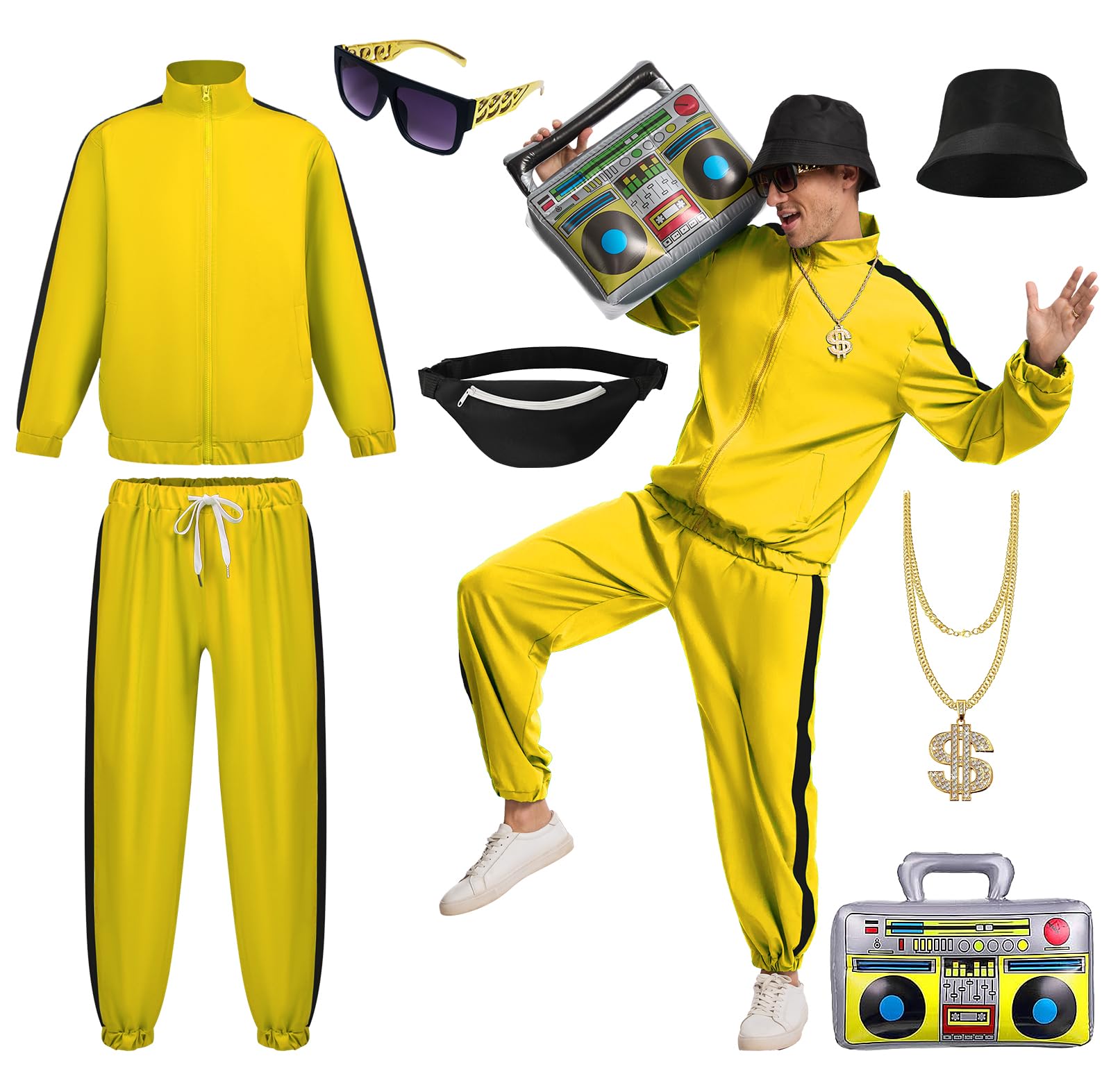 JDFAIJEAL Hiphop Costume Set for Men – Black Tracksuit with Hat, Glasses, Gold Round Necklace, Fanny Pack & Boombox Balloon – Hip Hop Outfit for Party, Halloween, Cosplay (Yellow, L)
