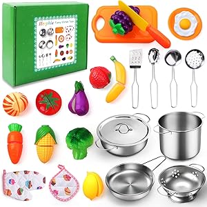Herphia Kids Kitchen Pretend Play Accessories Toys Set, 26PCS Pretend Kitchen Playset with Stainless Steel Cookware Play Pots and Pans, Cutting Play Food with Ideal Gift Box for Kids Boy and Girls