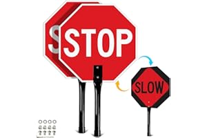 T&R (2 Pack) Stop Slow Sign with Handle, 13 x 13 Inches Double Sided Stop/Slow Traffic Sign, Rust Free Aluminum Reflective, Weather Resistant, Waterproof, Fade Resistant, Easy to Mount.