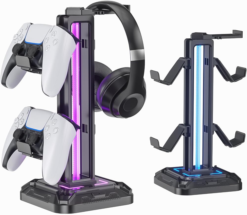 KDD Headset Stand w/ Controller Holder, 9 Light Modes, Rotatable Hook - Black