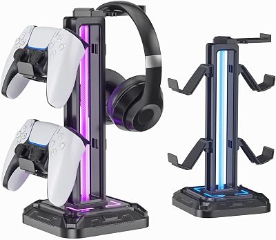KDD Headset Stand w/ Controller Holder, 9 Light Modes, Rotatable Hook - Black