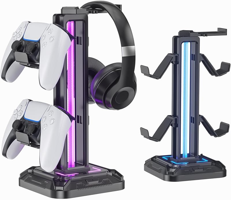 KDD Headset Stand w/ Controller Holder, 9 Light Modes, Rotatable Hook - Black