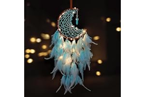 Dremisland Moon Dream Catcher with Fairy Lights-Handmade Feather Lucky Turquoise Pendant Beads Wall Hanging Ornament for Kids Bedroom Home Decoration,Art Craft Gift. (Sky Blue)