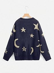 WDIRARA Women's Star Moon Print Long Sleeve Sweater