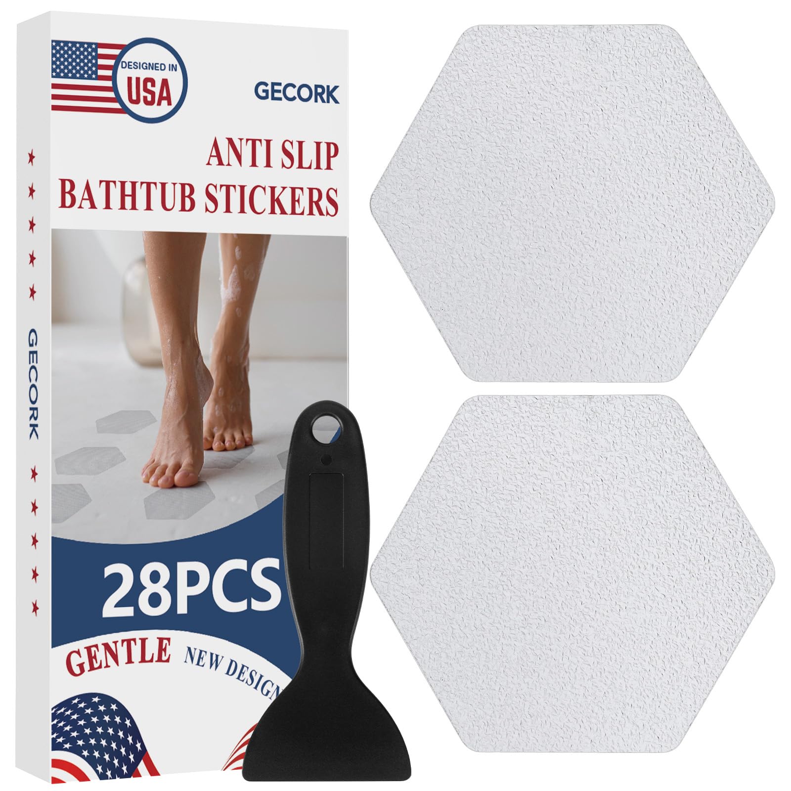 Photo 1 of Gecork 28 PCS Shower Floor Non Slip Stickers with Strong Adhesive, Invisible & Durable Anti Slip Shower Stickers with Scraper for Bath Tub, Pools and Stairs(Clear,Hexagon)