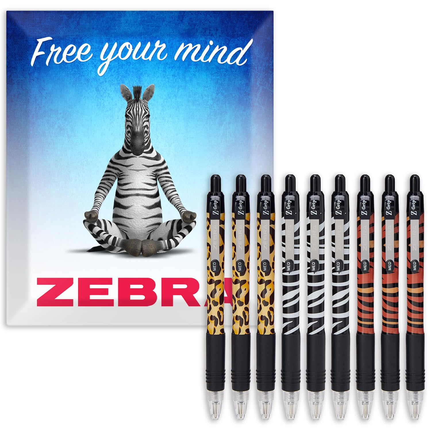 Zebra Z-Grip Pen Funky - Animal Print Pattern Retractable Ballpoint Pens - Cheetah, Zebra & Tiger Print - Black Ink - Pack of 9 - In Envelope Gift Packaging