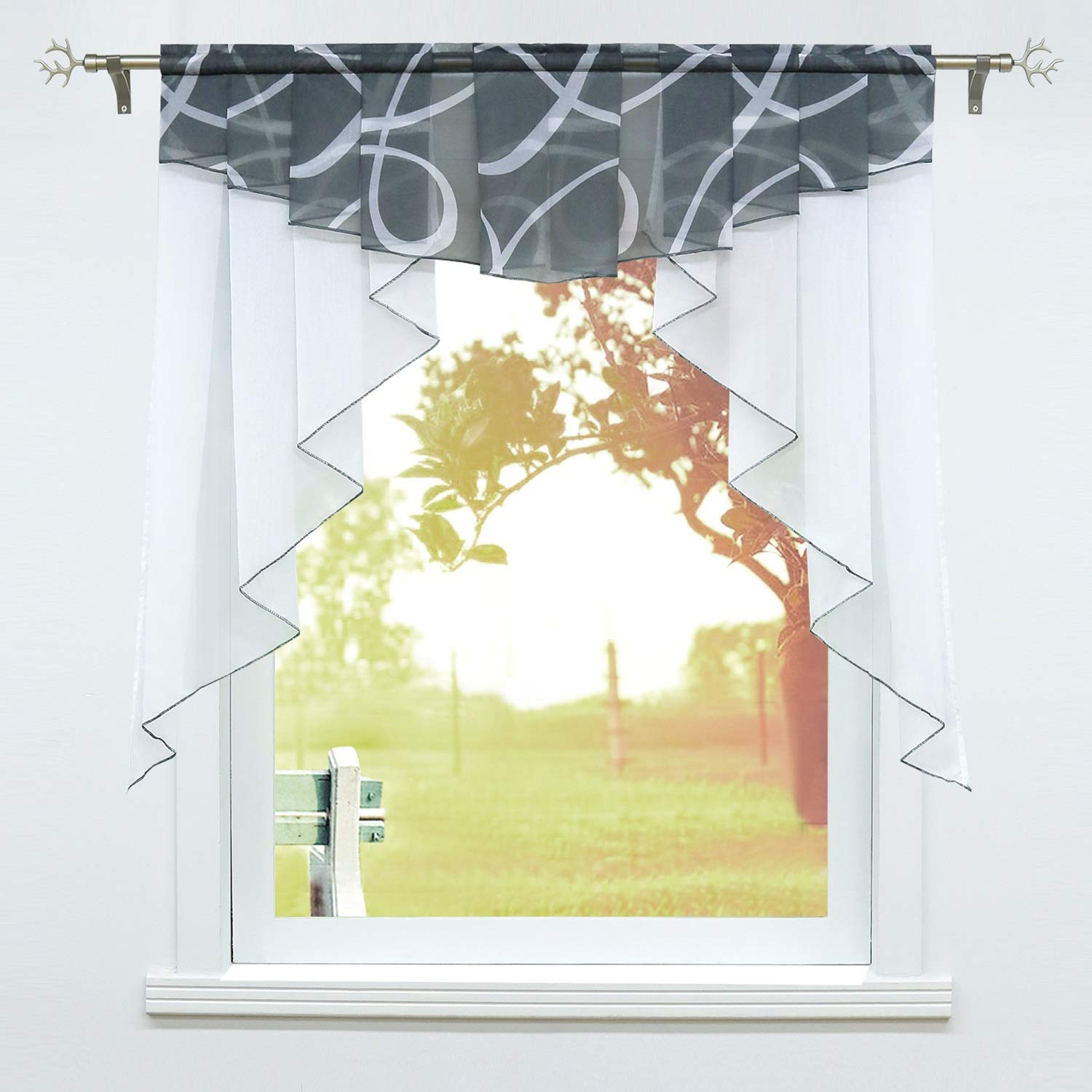 SCHOAL Kitchen Bistro Curtains Voile Transparent Short Curtains Small Window Curtains with Ruffle Tape / Drawstring 1 Piece W x H 120 x 125 cm Grey