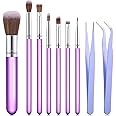 Sinmoe 10 Pieces Cake Candy Decorating Brushes Tools Cookie Decoration Brushes Pastry Brush and Stainless Steel Straight and Curved Tip Tweezers Pasta Tweezers for Baking Fondant (Purple Color)