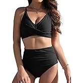 Buauty Women's Bikini Sets Two Piece High-Waisted Ruched Bathing Suit V Neck Twist Front Adjustable Straps Swim Suits