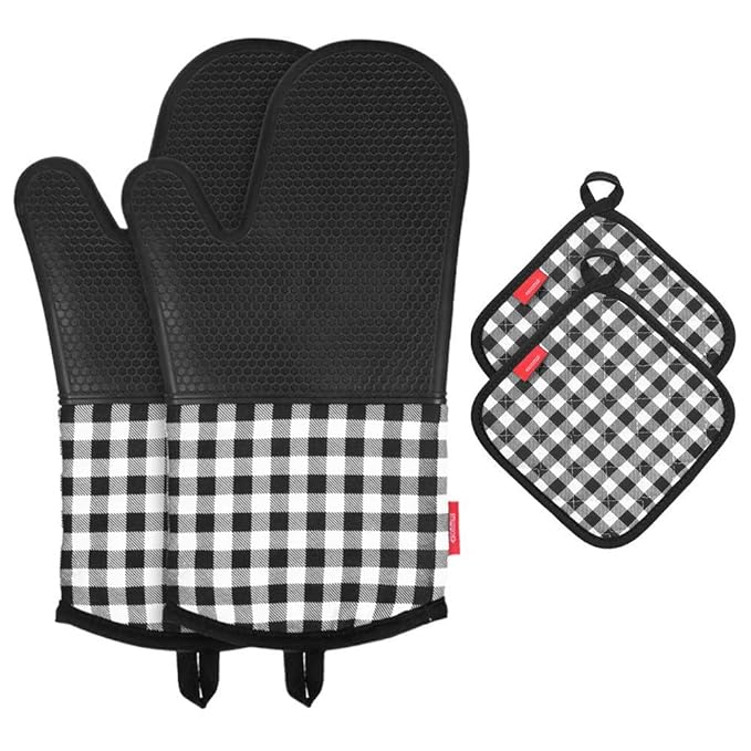 Silikon-Ofenhandschuhe,Esonmus Lange Topfenhandschuhe Doppel mit 2 Topflappen,Hitzebeständige rutschfeste Backhandschuhe für 
