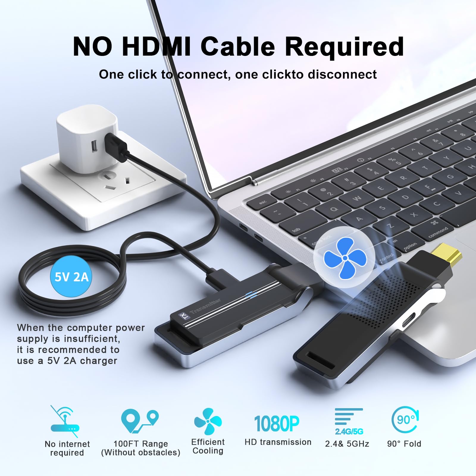 Wireless HDMI Transmitter & Receiver Kit with Heat Dissipation, 90° Bendable Interface, Dual-Band 2.4G/5G, Plug & Play - Stream Video & Audio from Laptops/TV Boxes/Projectors to Monitors-100Ft/30M