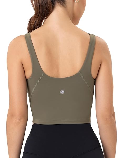 YUNOGA LONGLINE SPORTS BRAS FOR WOMEN CROPPED TANK TOP WITH BUILT-IN BRA ATHLETIC WORKOUT YOGA BRA TOPS (S, OLIVE GREEN)