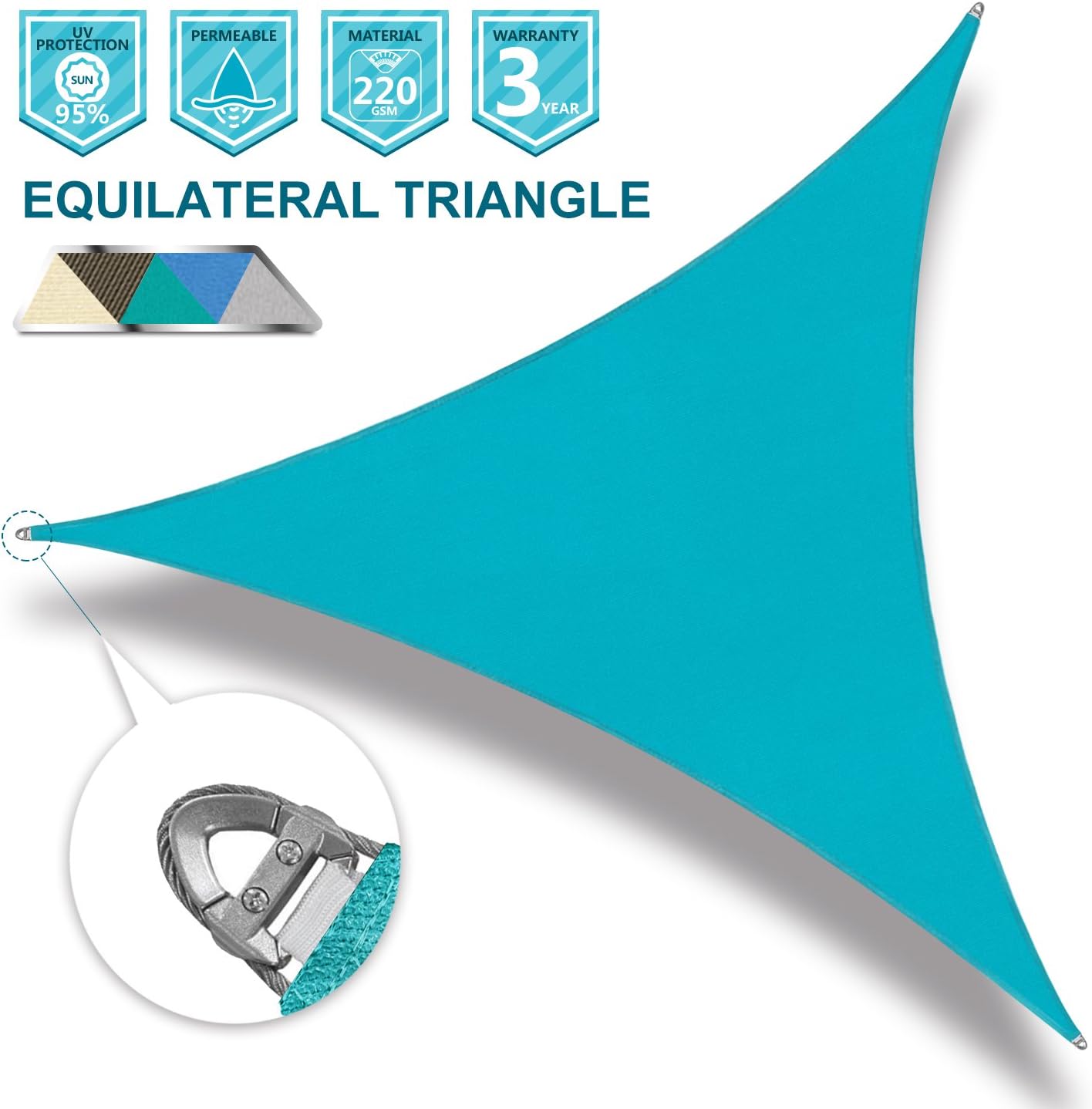 Coarbor 24'x24'x24' Sun Shade SaiL Triangle Wire Rope Hemmed All Edges Strong Double Stitched Seam Super Heavy Duty Perfect for Patio Deck Yard Garden-Turquoise Green