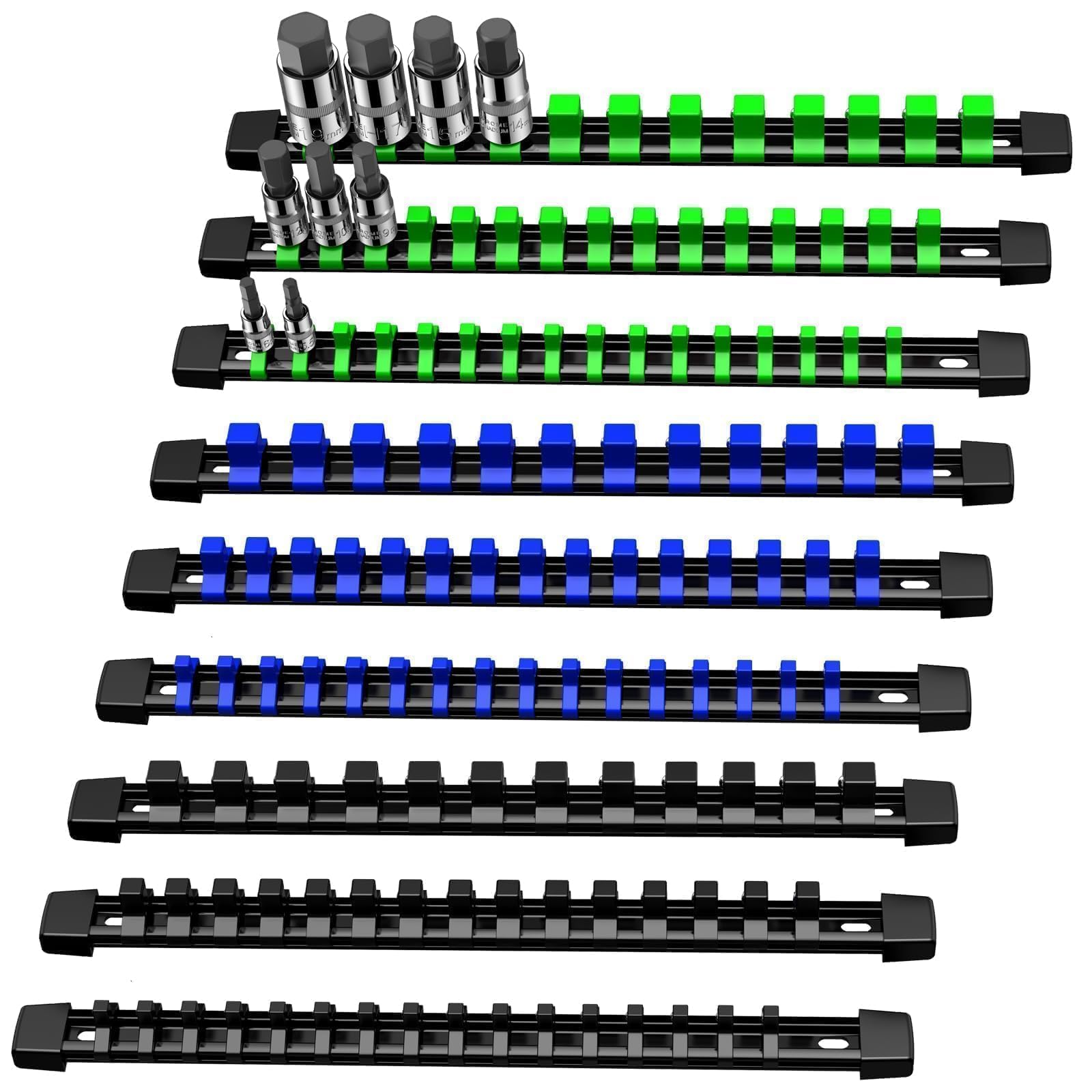 VORXEON 9PCS ABS Socket Organizer Holder Storage Rail 1/4 Inch x 48 Clips and 3/8 Inch x 45 Clips and 1/2 Inch x 36 Clips for Tool Box Drawer