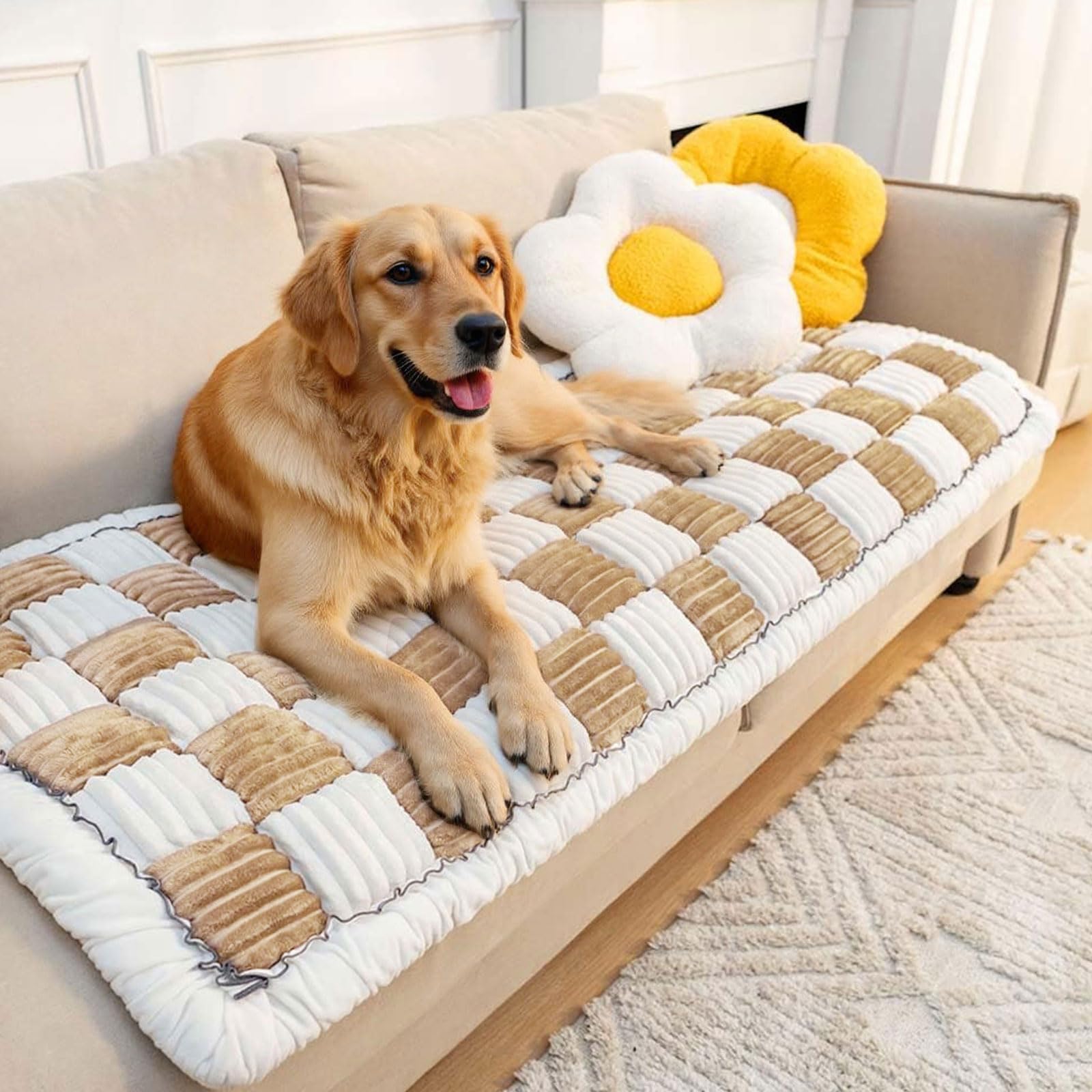 Thicken Plaid Sofa Cover 1 2 3 Seater, Universal Flannel Super Soft Non-Slip Corner Couch Cover L Shape Versatile Pet Bed Mat Chair Pads Sofa Slipcovers for Living Room Garden (Light Coffee, 70*180cm)