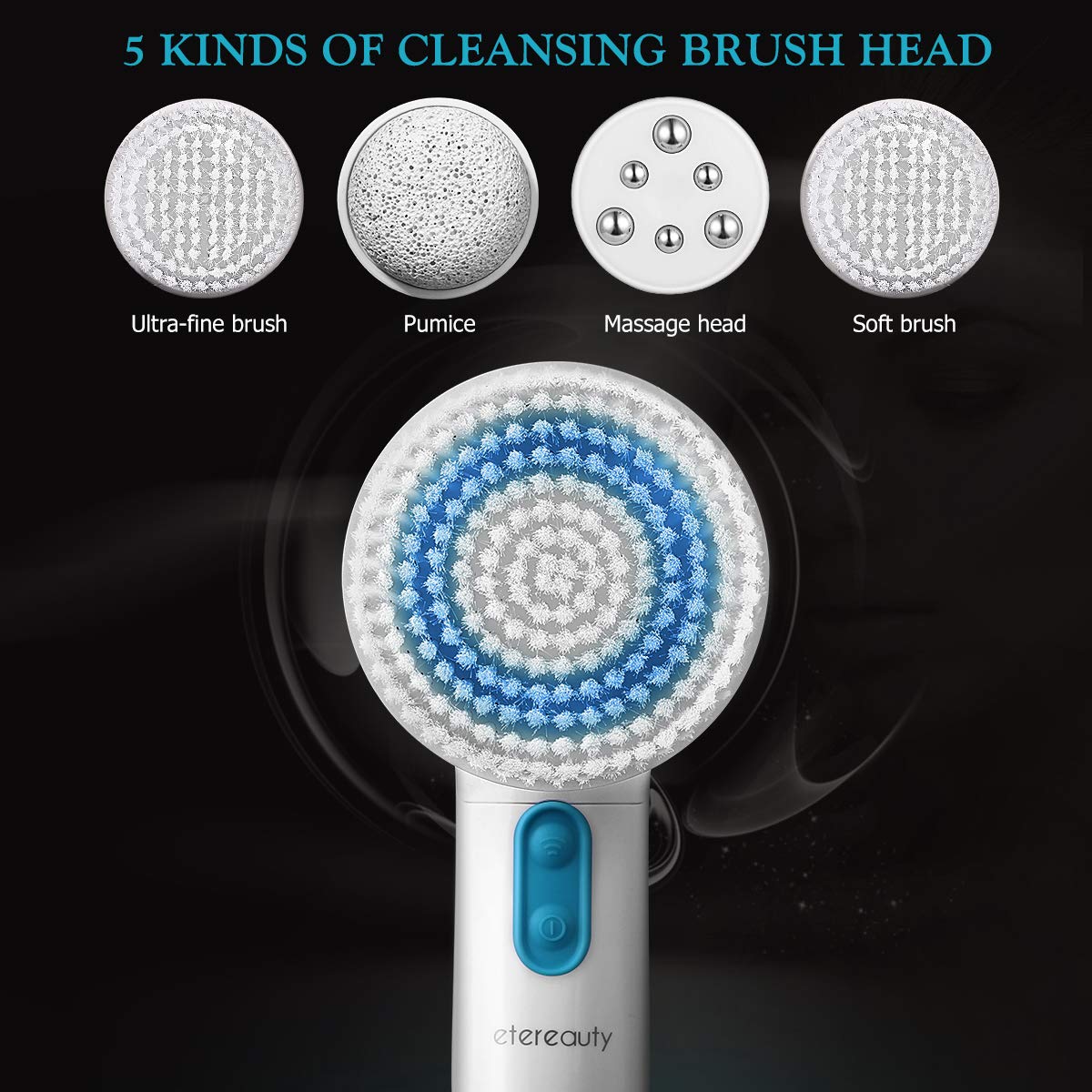 【New Version】ETEREAUTY Facial Brush Waterproof Body Facial Cleansing Brush Spin Brush for Deep Cleansing, Gentle Exfoliating and Removing Blackhead with 5 Brush Heads: Beauty