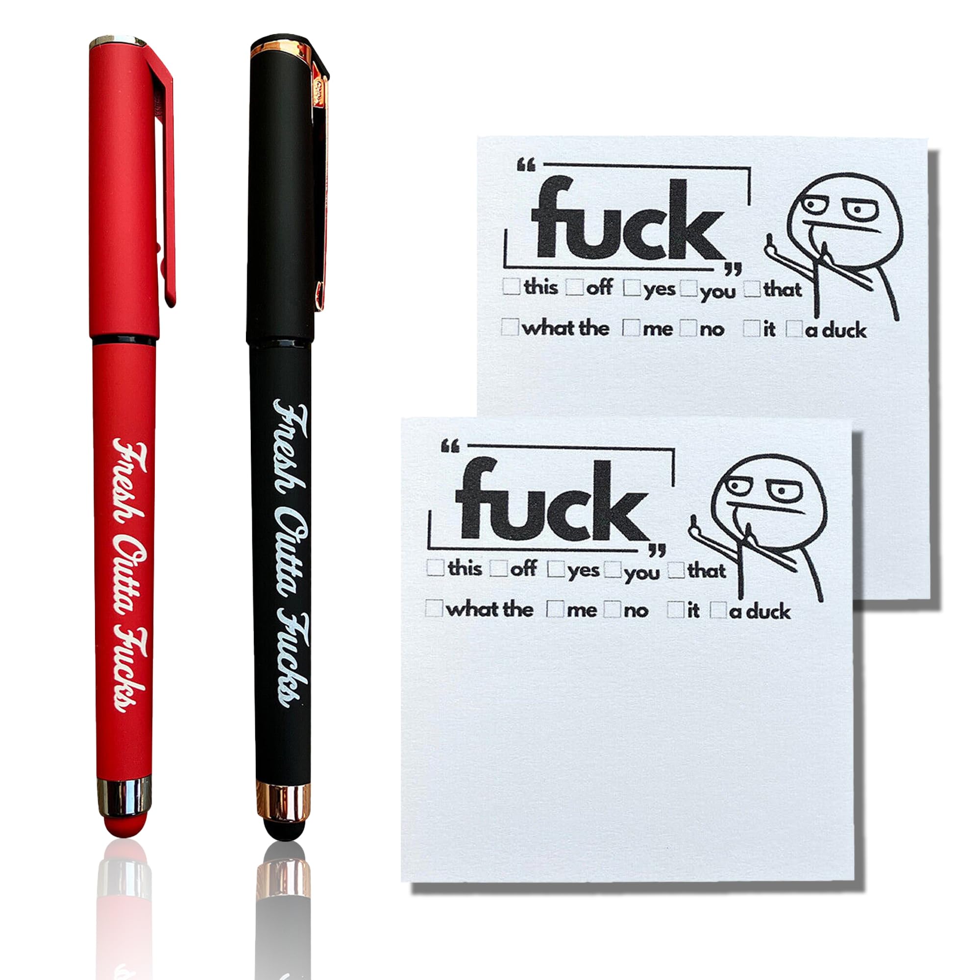 Fresh Outta Fucks Pad and Pen, Funny Pens Small Sticky Notes, Rude Pens and Sticky Notes Set, Novelty Notepads Office Supplies Desk Accessories, Christmas Gifts for Friends Colleagues Boss Black+Red