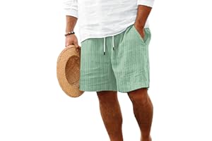 ROOMLINE Mens Linen Shorts Flat Front Casual Elastic Waist Drawstring Summer Beach Vacation Shorts with Pocket(9Inch)