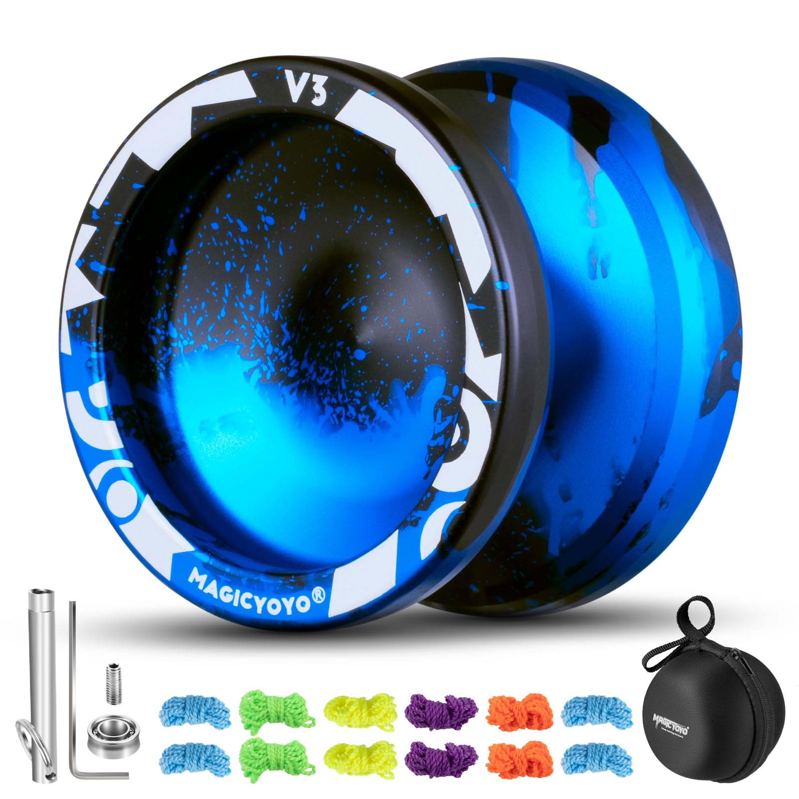 Photo 1 of MAGICYOYO V3 Responsive Yoyo for Kids Beginners , Professional Yoyo for Adult, Dual Purpose Metal Yo-Yo with Replacement Bearing + 12 Yo-yo Strings, Bearing Removal, Axle, Case Bag (Black Blue)