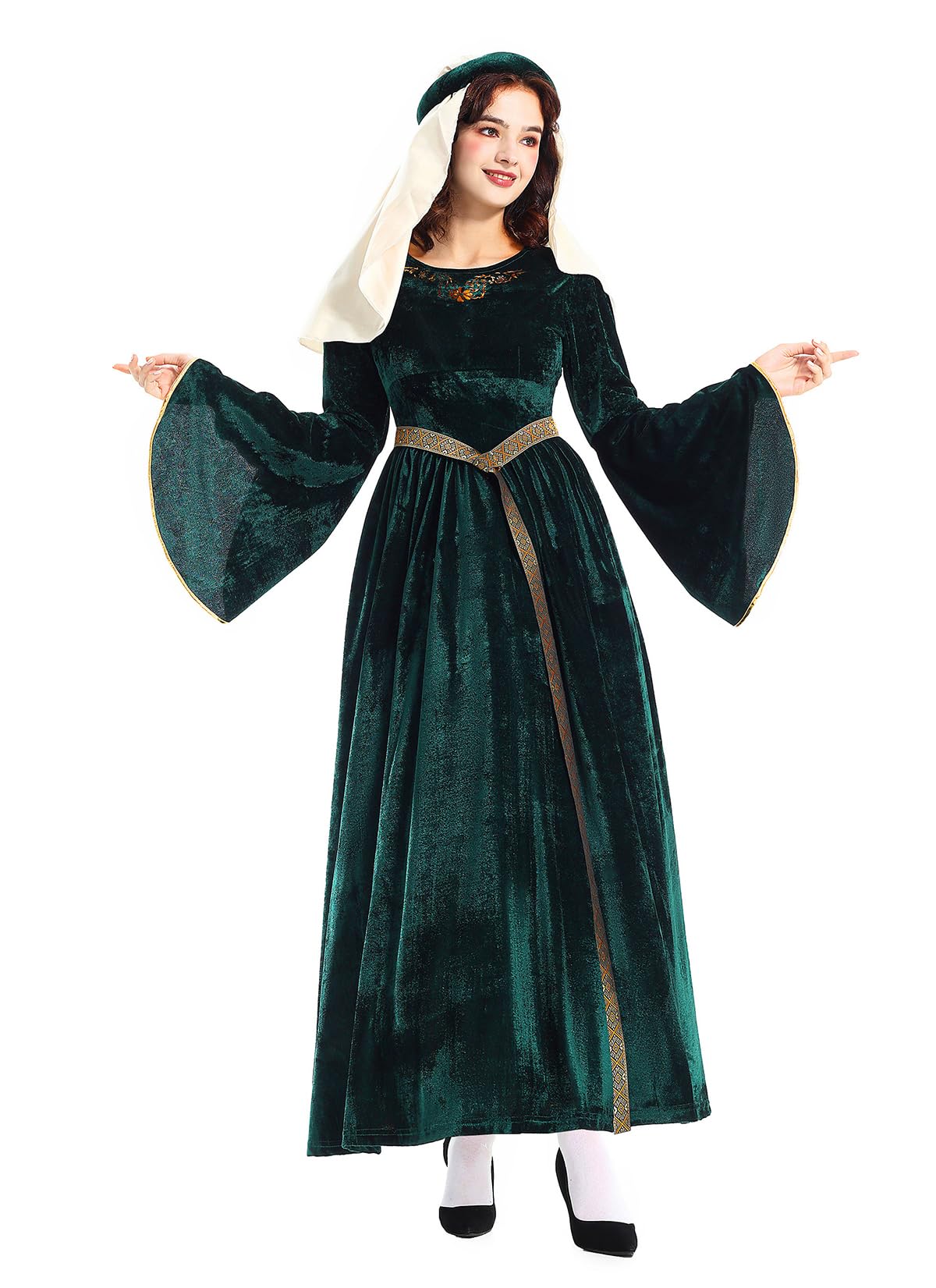 YUDATPG Women Renaissance Dress Medieval Costume for Women Long Dress Plus Size Velvet Queen Dresses Halloween Costume (Green, M)