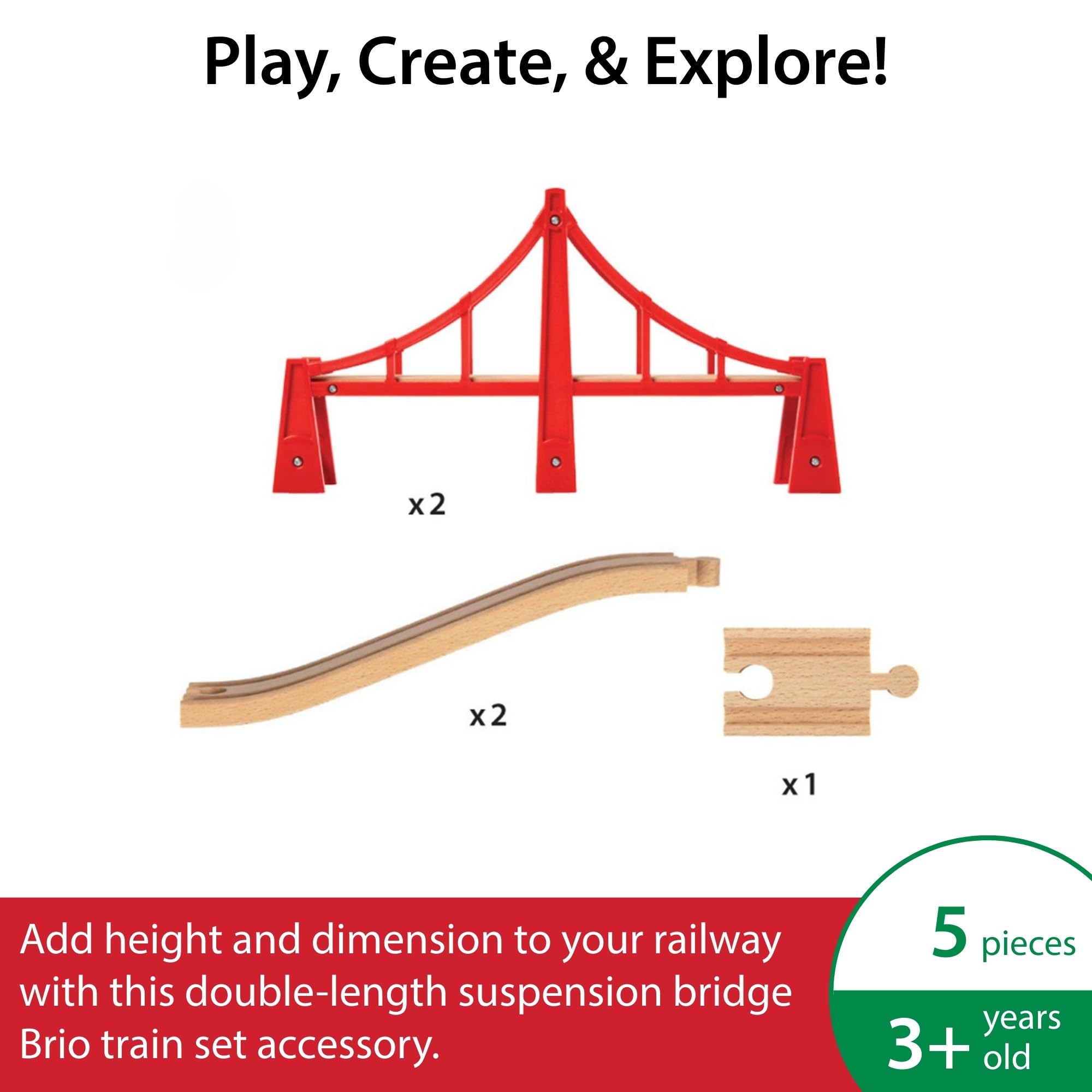 BRIO World Double Suspension Bridge - FSC-Certified Longest Wooden Train Track Bridge - Compatible with All BRIO Railway Sets - 5-Piece Set of 2 Bridges & 3 Tracks - Creative Fun for Kids Ages 3 & Up