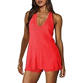 UNIANKIYA Womens 2 Piece Summer Outfits Knit Halter Neck V Neck Sweater Tank Top and Shorts Matching Sets for Beach Vacation