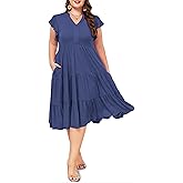 Moon Wood Womens Plus Size V Neck Ruffle Midi Dress 2025 Summer Casual Flowy Tiered Dresses with Pockets