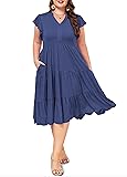 Moon Wood Womens Plus Size V Neck Ruffle Midi Dress