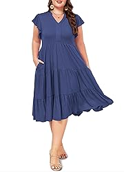 Moon Wood Womens Plus Size V Neck Ruffle Midi Dress