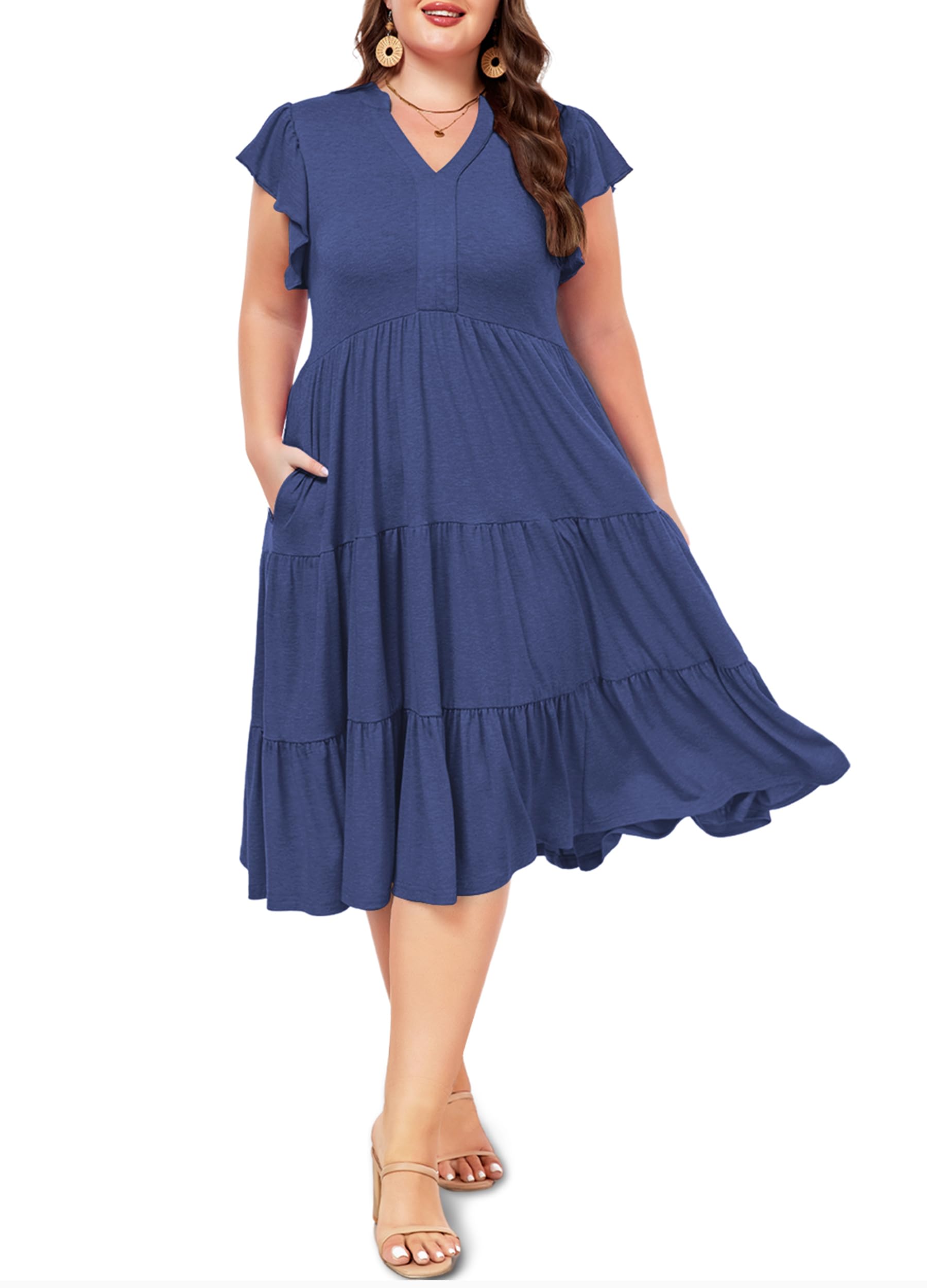 Moon Wood Womens Plus Size V Neck Ruffle Midi Dress