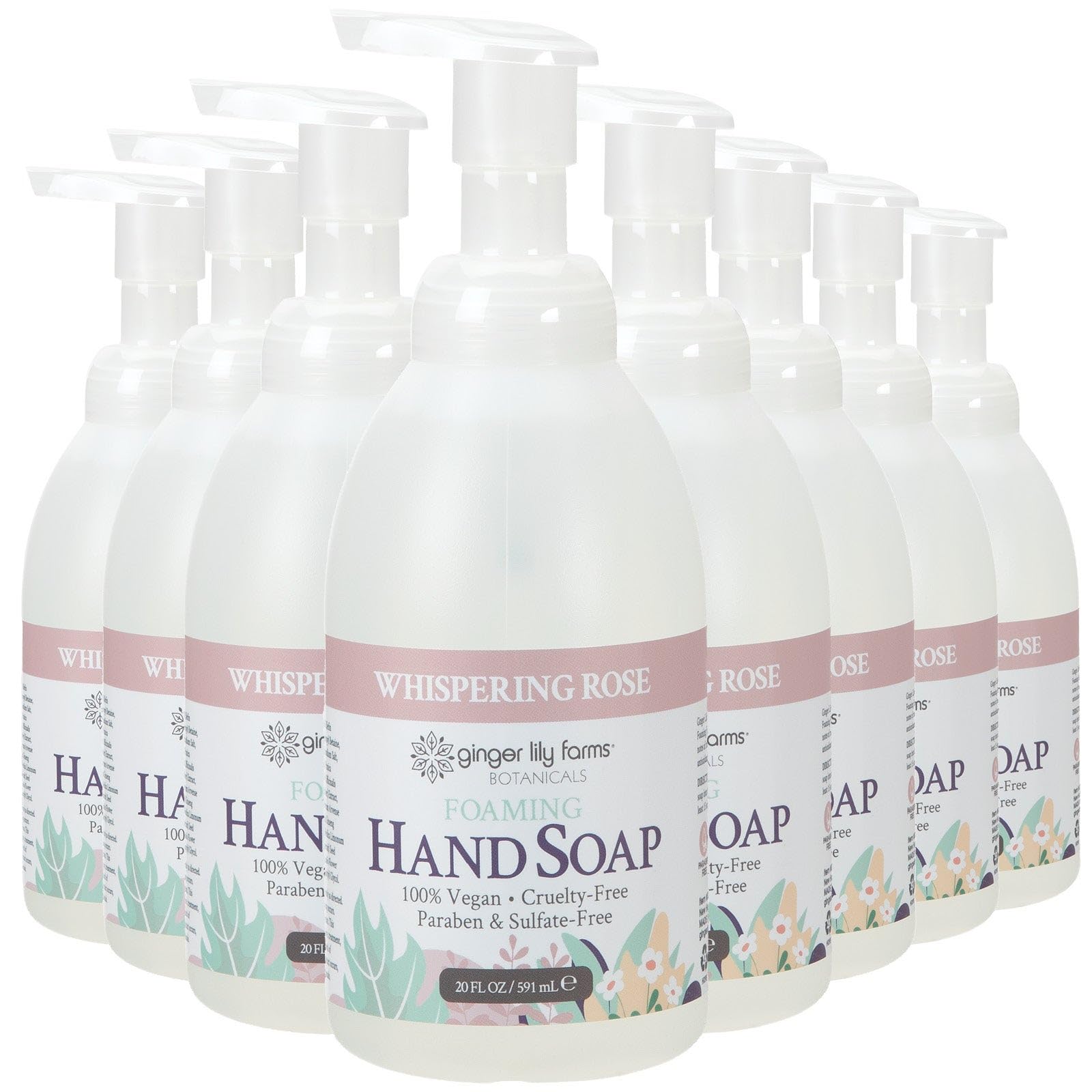 Ginger Lily Farms Botanicals All-Purpose Foaming Hand Soap Refill, 100% Vegan & Cruelty-Free, Whispering Rose Scent, 20 Fl Oz (Pack of 8)