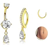 UBGICIG 14G Dangle Belly Button Rings for Women - 316L Surgical Steel Belly Button Rings Teardrop Opal CZ Clicker Belly Piercing Jewelry