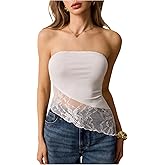 MakeMeChic Women's Summer Floral Lace Strapless Tube Top Asymmetrical Sleeveless Fitted Bandeau Tops