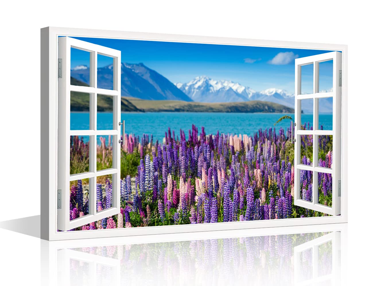 Window View Wall Art Lanvender Field by The Lake Wall Decoration for Living Room Wall Paintings 1 Piece Home Decor Canvas Wall Art Modern Artwork Giclee Wooden Framed Ready to Hang (24"W x 16"H)