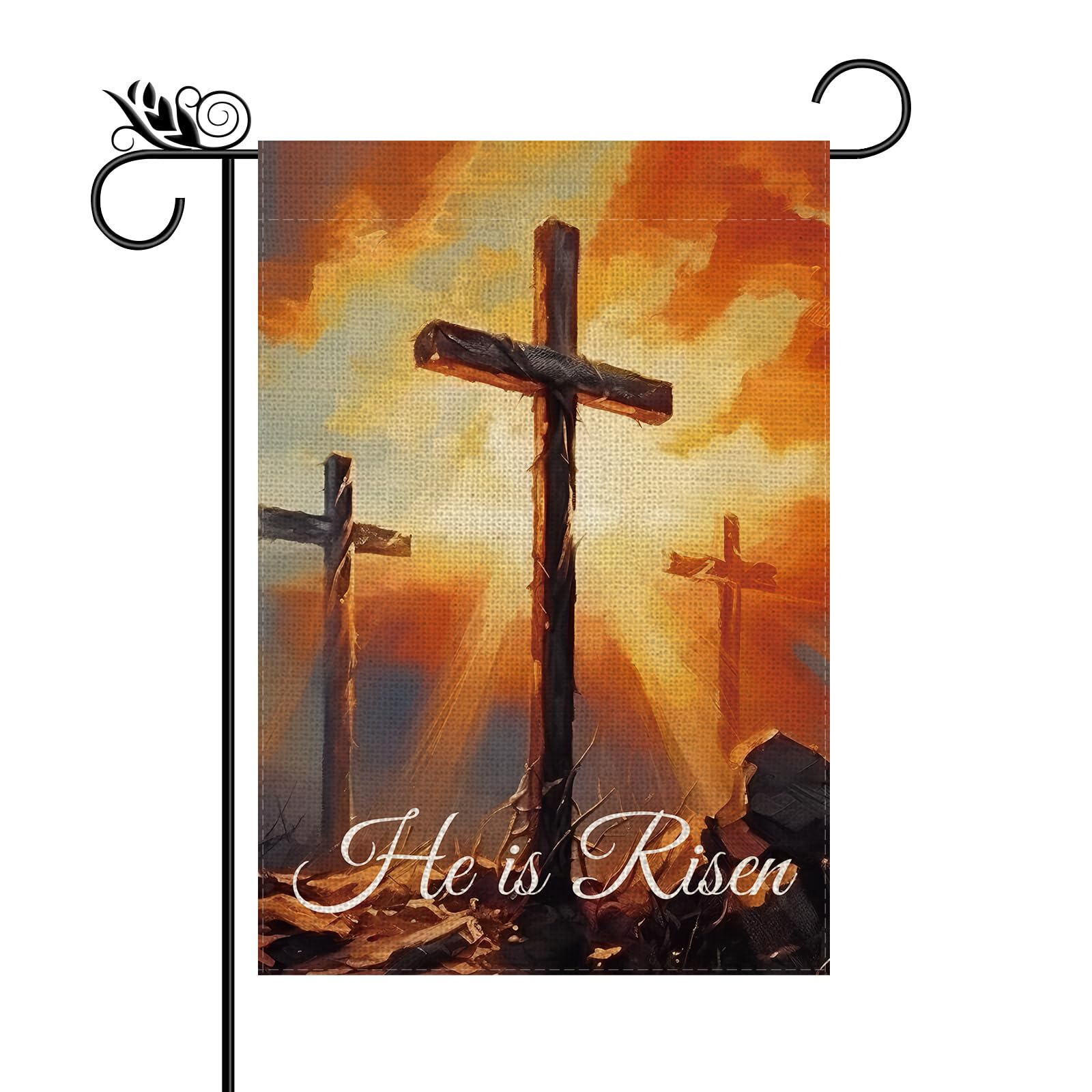 Photo 1 of Easter Garden Flag He Is Risen Religious Cross Christian Burlap Double Sided Vertical Holiday Spring Yard Outdoor Decor 12.5 x 18 Inch