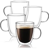 CNGLASS Large Glass Coffee Mugs 17oz,Double Walled Insulated Clear Coffee Cups with Handle,Clear Espresso Mugs for Cappuccino,Latte,Tea Bags,Hot and Cold Beverages,Set of 4