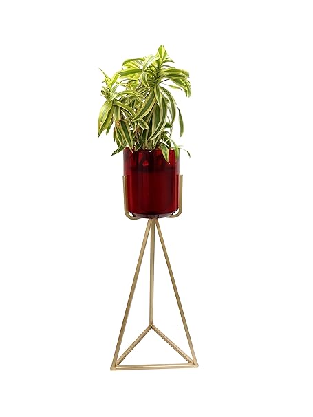CURIO CRAFTS Metal Flower Pot Holder With Stand, Red, Gold, 26 in, 1 Piece